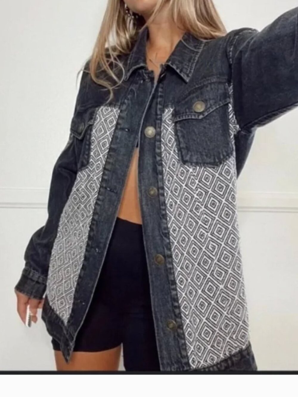 POL Black Washed Denim Jacket Geometric Tapestry/Embroidered Sleeves Women's S - Picture 2 of 12